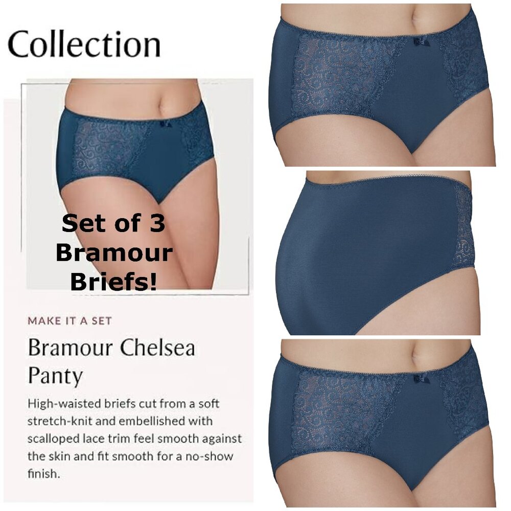Set of 3! Panties Large Briefs Bramour Chelsea FITS 29-30" High-Waist Blue Lace